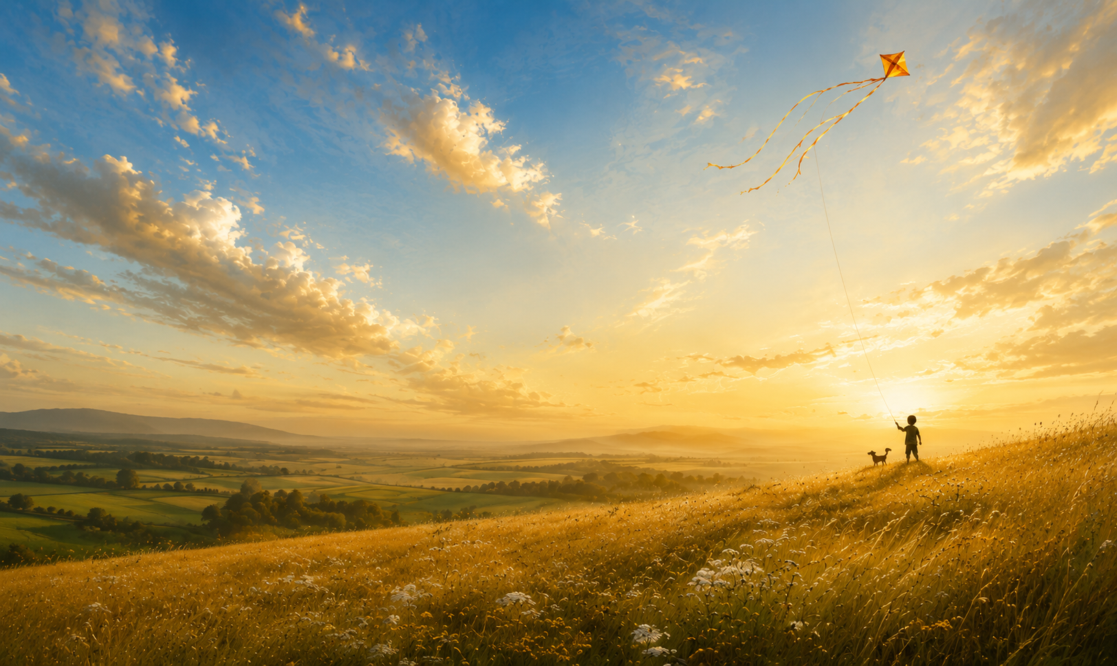 Criança e cachorro ao pôr do sol